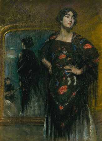 西班牙披肩`The Spanish Shawl (ca. 1908) by Alice Pike Barney
