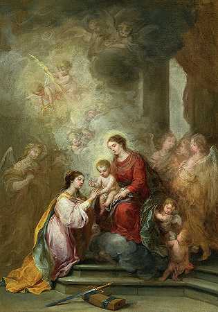 西班牙圣凯瑟琳的神秘婚姻，1680-1682年`The Mystic Marriage of Saint Catherine, Spain, 1680-1682 by Bartolome Esteban Murillo