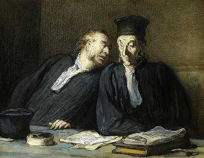 1862年，两位律师在交谈`Two Lawyers Conversing, 1862 by Honore Daumier