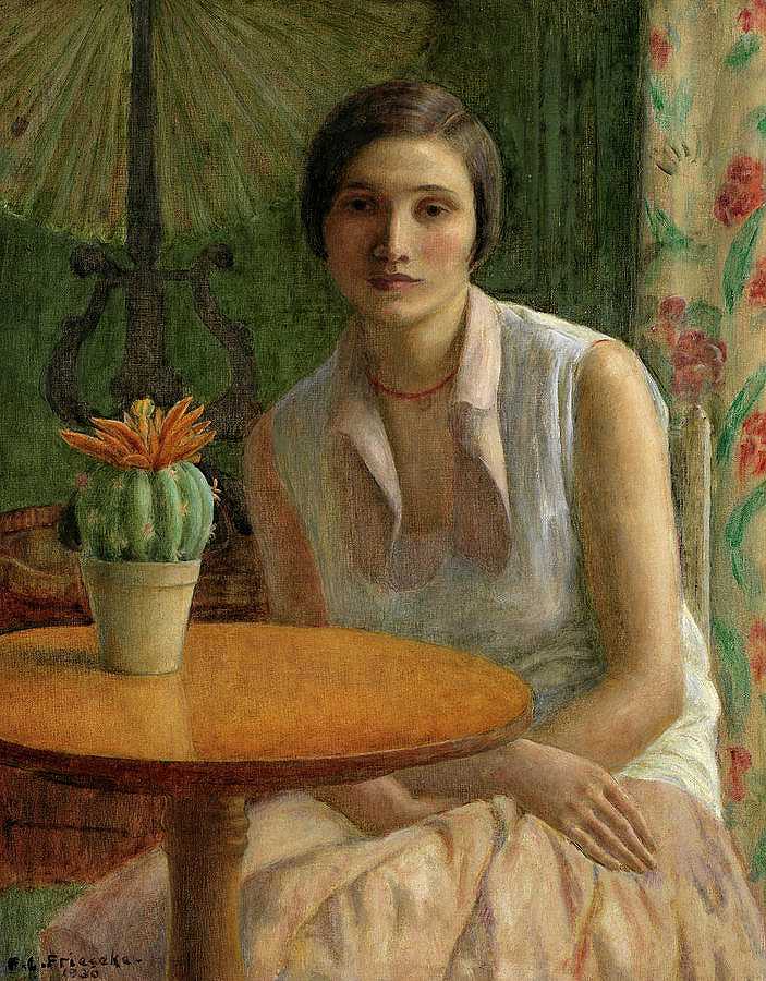 1930年仙人掌女子肖像`Portrait of a Woman with Cactus, 1930 by Frederick Carl Frieseke