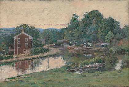 晚上在纽约纳帕诺克洛克`Evening at the Lock, Napanoch, New York (1893) by Theodore Robinson