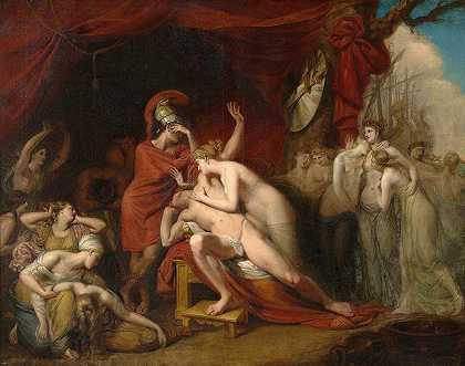 阿喀琉斯为失去帕特洛克勒斯而疯狂，拒绝了西蒂斯的安慰`Achilles, frantic for the loss of Patroclus, rejecting the consolation of Thetis (1803) by George Dawe