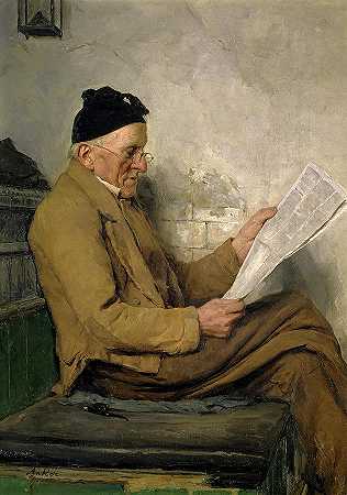 1831-1910年，农夫在炉子上看书`Farmer Reading on the Stove Bench, 1831-1910 by Albert Anker
