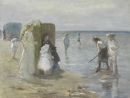 沿着申维宁根海滩的洪水线观看，有两位女士和孩子`Gezicht langs de vloedlijn aan het Scheveningse strand, met twee dames en kinderen (1874 1927) by Johan Antonie de Jonge