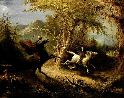 无头骑士追逐伊卡博德起重机，1858年`The Headless Horseman Pursuing Ichabod Crane, 1858 by John Quidor