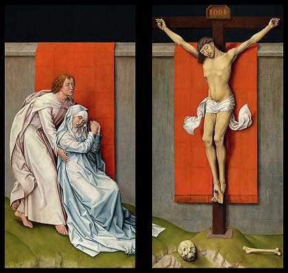 耶稣受难，圣母玛利亚和福音传道者圣约翰哀悼，耶稣受难二连体画`The Crucifixion, with the Virgin and Saint John the Evangelist Mourning, Crucifixion Diptych by Rogier van der Weyden