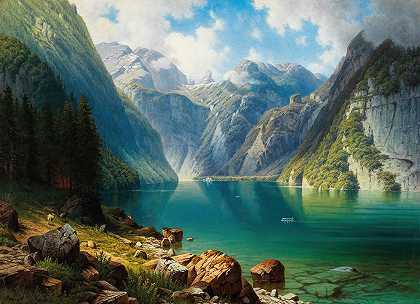 科尼希湖风景`A View of Lake Königssee (1879) by Daniel Somogyi