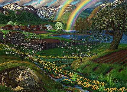 沼泽金盏花和双彩虹`Marsh Marigolds and Double Rainbow by Nikolai Astrup