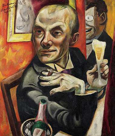 香槟酒杯自画像，1919年`Self-Portrait with Champagne Glass, 1919 by Max Beckmann