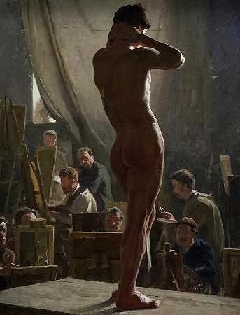 1877年，邦纳特工作室里的男性裸体`Male Nude in the Studio of Bonnat, 1877 by Laurits Tuxen