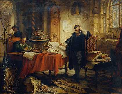 哥白尼，记录恒星的轨道`Kopernikus, die Bahnen der Gestirne aufzeichnend (1856) by Eduard Ender