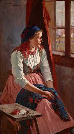 窗边的女孩`Girl at the Window (1903) by Wincenty Wodzinowski