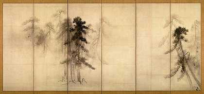 松树，右侧屏幕`Pine Trees, Right Hand Screen by Hasegawa Tohaku