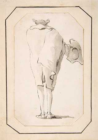 从后面看，一个男人举着一辆三角车的漫画`Caricature of a Man Holding a Tricorne, Seen from Behind (1760) by Giovanni Battista Tiepolo