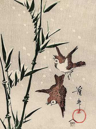 麻雀、竹子和降雪`Sparrows, Bamboo and Falling Snow by Keisai Eisen