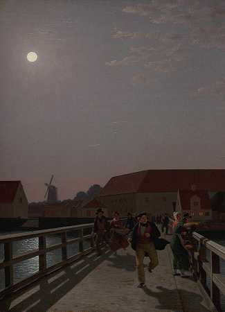 哥本哈根的朗格布罗，月光下，奔跑的身影`Langebro, Copenhagen, in the Moonlight with Running Figures (1836) by Christoffer Wilhelm Eckersberg