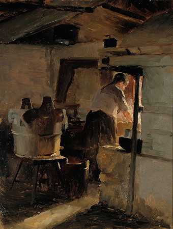 在火炉旁`At the stove (1884) by Albert Edelfelt