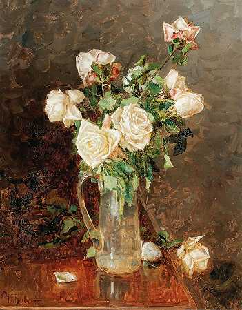 玻璃壶里的一束玫瑰`A bouquet of roses in a glass ewer (1912) by Yuliy Yulevich Klever the Younger