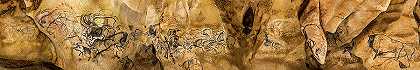 一群动物，狮子，犀牛，野牛，马和猛犸象`A Group of Animals, Lions, Rhinoceroses, Bison, Horses and Mammoths by Chauvet Cave