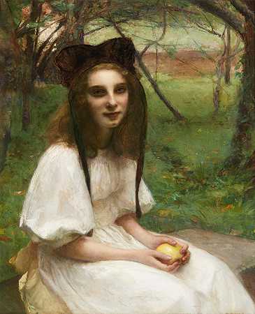 一个穿着白色连衣裙的女孩的肖像`A portrait of a girl in a white dress by Pascal-Adolphe-Jean Dagnan-Bouveret