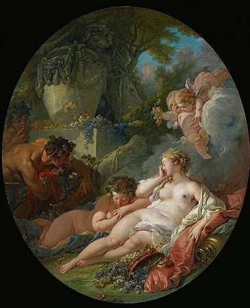 睡梦中的酒神对萨提尔感到惊讶`Sleeping Bacchantes Surprised By Satyrs (1760) by François Boucher