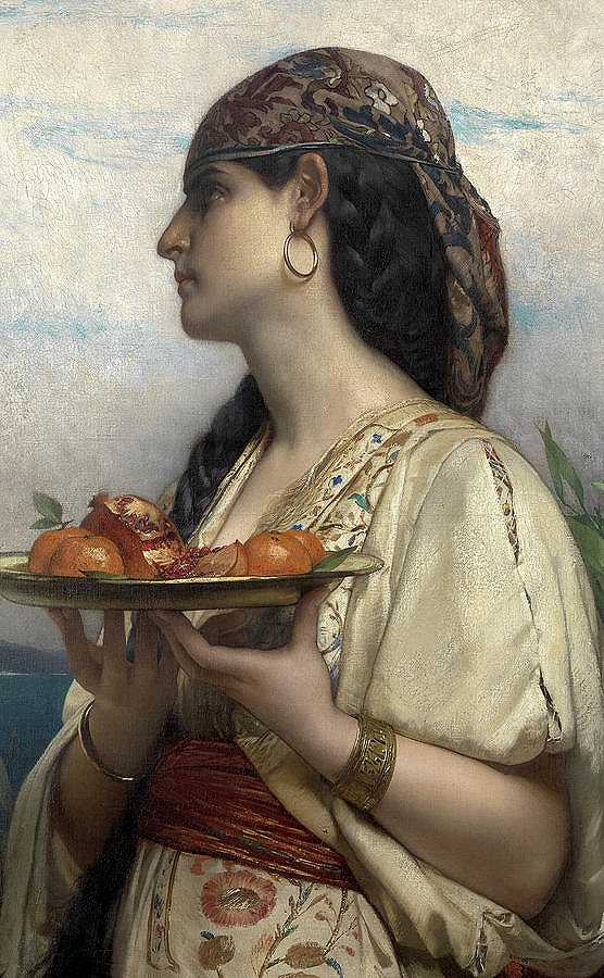 拿着一盘水果的女奴`Female Slave with a Plate of Fruit by Jules Joseph Lefebvre