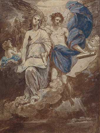 1774年，一幅天使出现在牧羊人面前的画作的研究`Study for a painting of The Angels Appearing to the Shepherds, 1774 (1771 ~ 1774) by Benjamin West