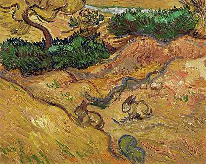 《兔子风景》，1889年`Landscape with Rabbits, 1889 by Vincent van Gogh
