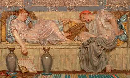 珠子，沙发上的两个女人`Beads, Two Women on a Sofa by Albert Joseph Moore