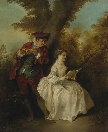 &;乐多，一个吹长笛的年轻男子和一个在风景中唱歌的年轻女子`;le Duo, a Young Man Playing The Flute And a Young Woman Singing In a Landscape by Nicolas Lancret