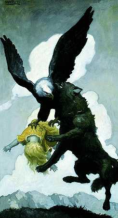 大脚跳进空中，把牙齿埋进了宿敌的羽毛里`The Padfoot leaped into the Air and Buried his Teeth into the Feathers of his Old Enemy by Newell Convers Wyeth