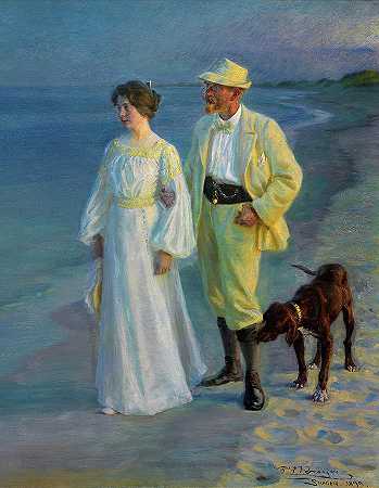 佩德·塞韦林·克罗耶和他的妻子，在斯卡根海滩的夏日之夜`Peder Severin Kroyer and his Wife, Summer Evening at Skagen Beach by Peder Severin Kroyer