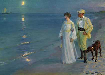 1899年，画家和他的妻子在斯卡根海滩度过了一个夏日的夜晚`Summer Evening at Skagen Beach, The Painter and his Wife, 1899 by Peder Severin Kroyer