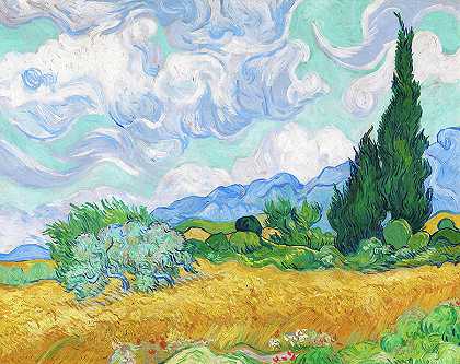 长有柏树的麦田，约1889年`Wheat Field with Cypresses, c. 1889 by Vincent van Gogh