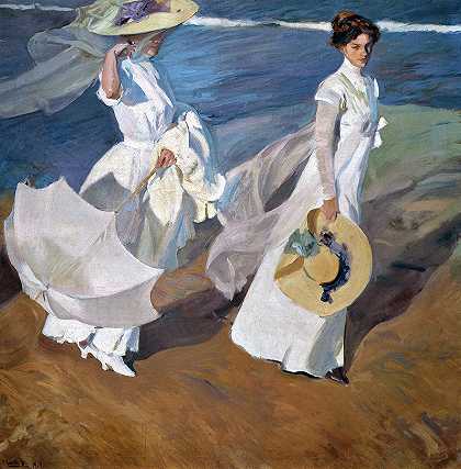 沿着海岸漫步，1909年`Strolling along the Seashore, 1909 by Joaquin Sorolla