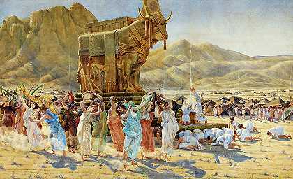以色列人围着金牛犊跳舞`The Israelites Dancing around the Golden Calf by Henri-Paul Motte