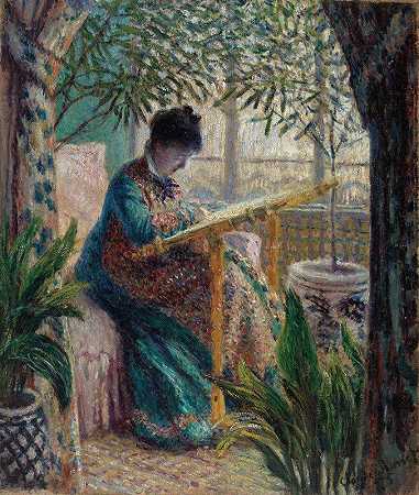 莫内·恩布罗德林夫人（卡米尔在工作）`Madame Monet Embroidering (Camille au métier) (1875) by Claude Monet
