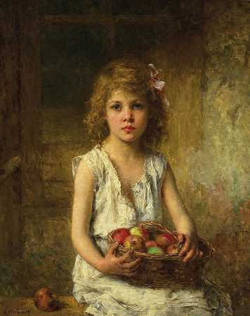拿着一篮苹果的小女孩`Young Girl with a Basket of Apples by Aleksei Harlamoff