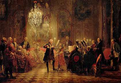 1852年与腓特烈大帝在桑苏奇举行的长笛音乐会`Flute Concert with Frederick the Great in Sanssouci, 1852 by Adolph Menzel