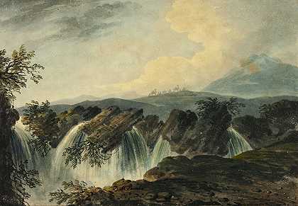 骆驼车队穿越瀑布上方的平面`Camel Caravan Crossing Plane Above Waterfall (1742~1793) by Dominic Serres