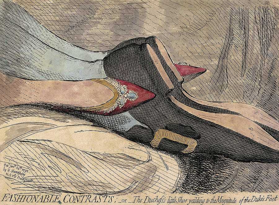 时尚的对比，公爵夫人的小鞋子屈服于公爵的脚的大小`Fashionable Contrasts, The Duchess\’s Little Shoe Yielding to the Magnitude of the Duke\’s Foot by James Gillray