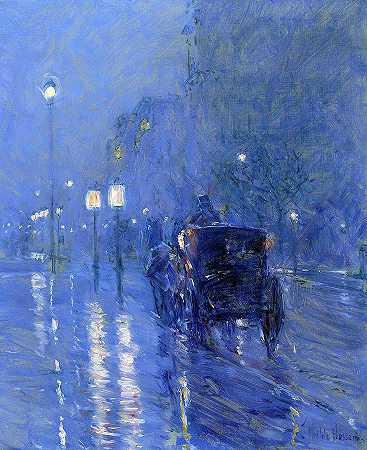 雨夜，约1890年`Rainy Midnight, c. 1890 by Childe Hassam