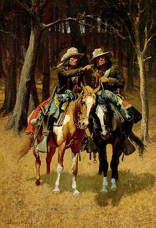 1889年，夏安侦察兵在加拿大北部的大树林里巡逻`Cheyenne Scouts Patrolling the Big Timber of the North Canadian, 1889 by Frederic Remington