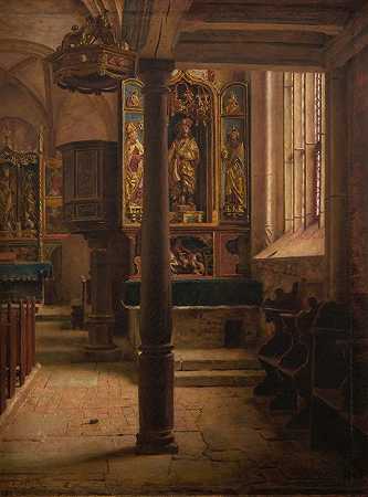 圣沃尔夫冈和的屋内罗滕堡的s教堂`Interior of St Wolfgangs Church in Rothenburg (1896~1897) by Aleksander Gierymski