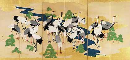 仙鹤和松树`Cranes and Pines by Yamamoto Sodo
