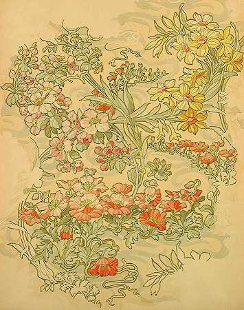 海葵，苹果花，水仙花，纺织品设计`Anemones, Apple Blossoms, and Narcissi, Textile Design by Alphonse Mucha
