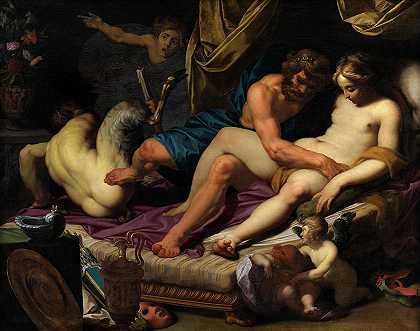 1607年，赫拉克勒斯将福努斯踢出欧法尔的床`Hercules Kicking Faunus out of Omfale\’s Bed, 1607 by Abraham Janssens