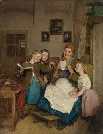 祖母和三个孙子`Großmutter mit drei Enkelkindern (1854) by Ferdinand Georg Waldmüller