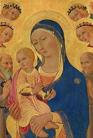 《圣母与圣杰罗姆、圣贝纳迪诺和天使的孩子》，1460-1470年`Madonna and Child with Saint Jerome, Saint Bernardino, and Angels, 1460-1470 by Sano di Pietro