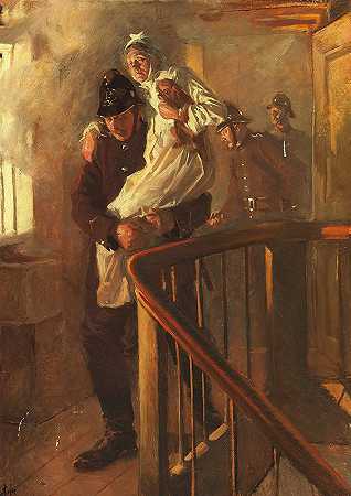 消防队员救了一位老太太`Brandmand redder en gammel Dame (1902) by Erik Henningsen